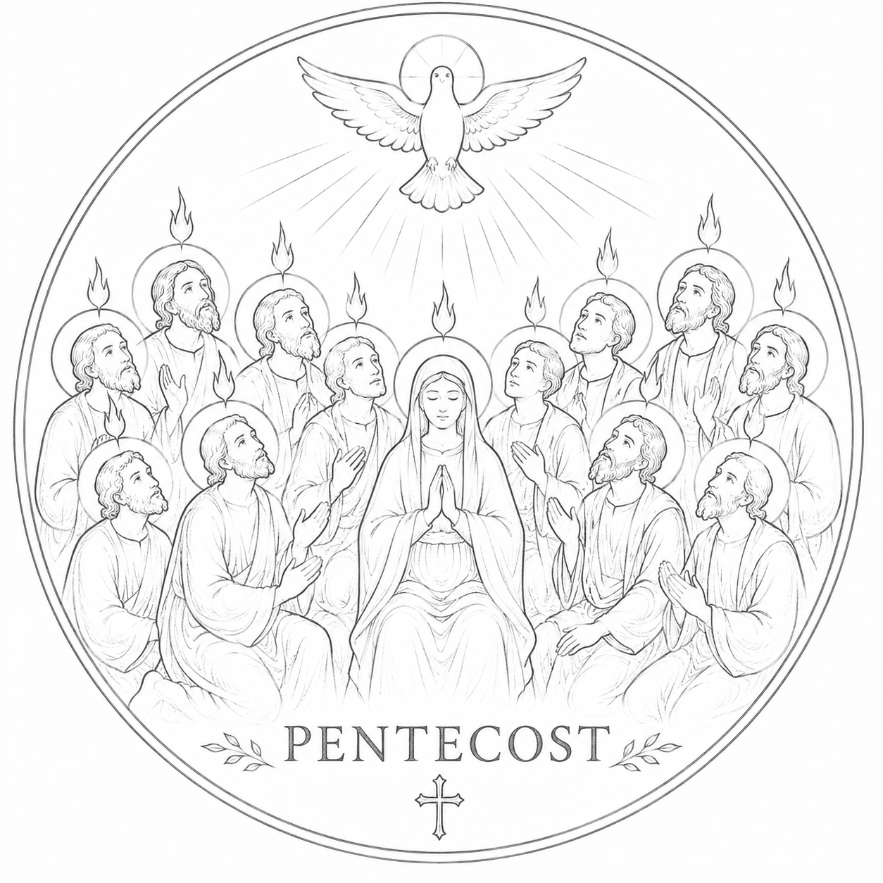 Pentecost icon with doves, cross, heart, and leaves